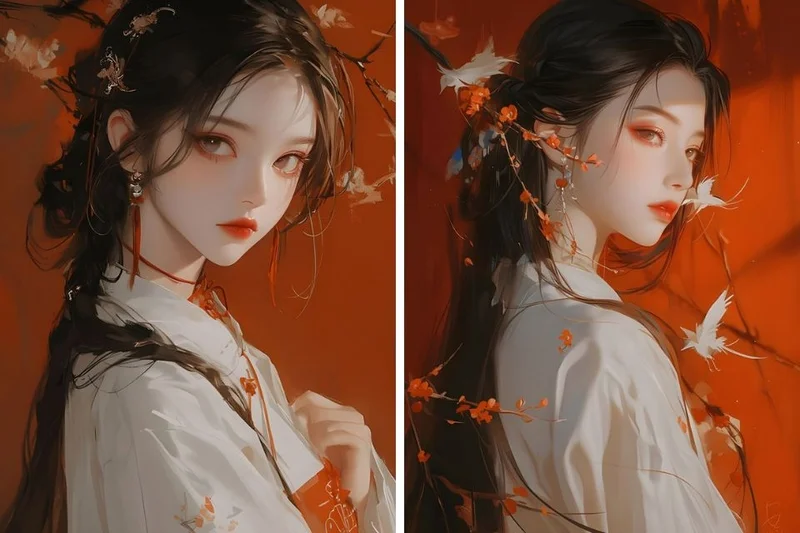 Tranh nghệ thuật Liễu Như Yên với hai mỹ nhân cổ phong mặc áo trắng giữa nền đỏ cam, cành hoa và chim trắng.
