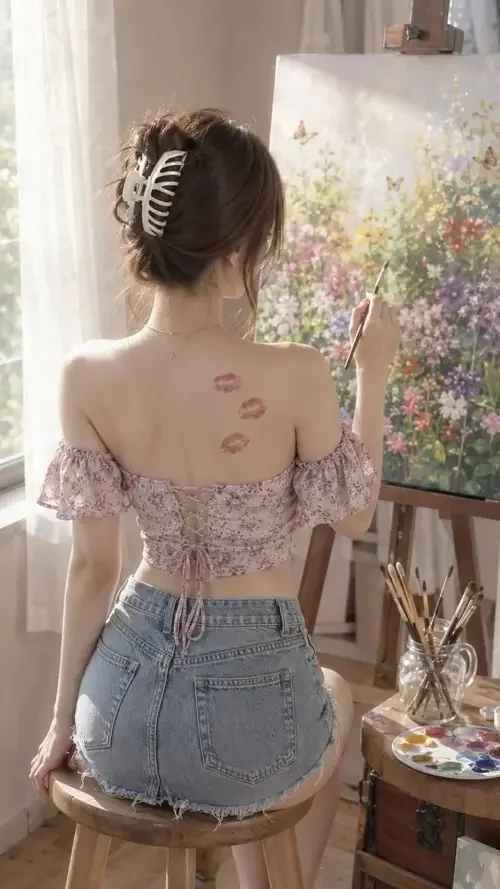 Cô nàng quay lưng trên ghế, áo hoa hở vai buộc nơ, kẹp tóc ánh bạc gọn gàng