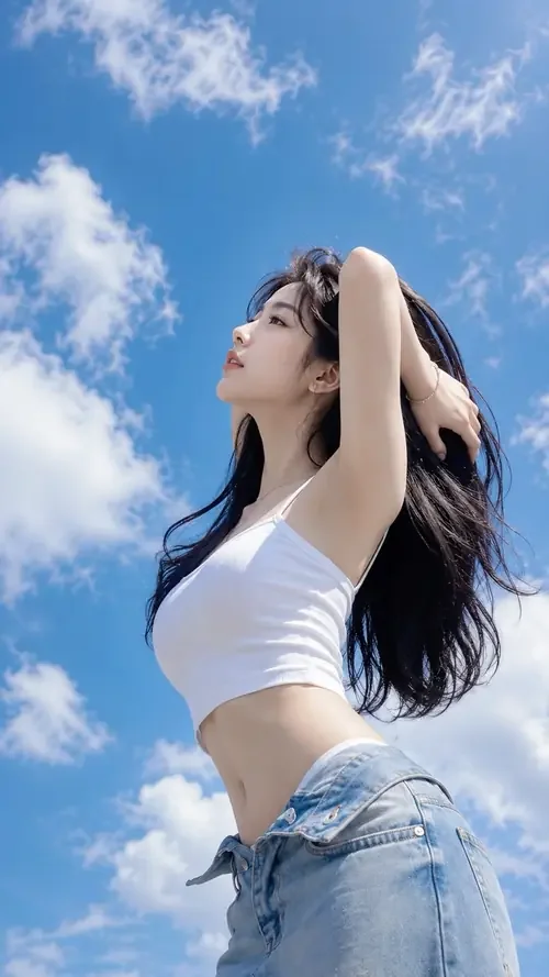 Người mẫu thời trang ngẩng mặt dưới trời xanh, áo croptop trắng và tóc dài bay nhẹ