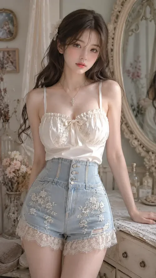 Trong căn phòng sáng, mẫu ảnh ngồi nghiêng với áo hai dây trắng, quần jean short và tóc dài
