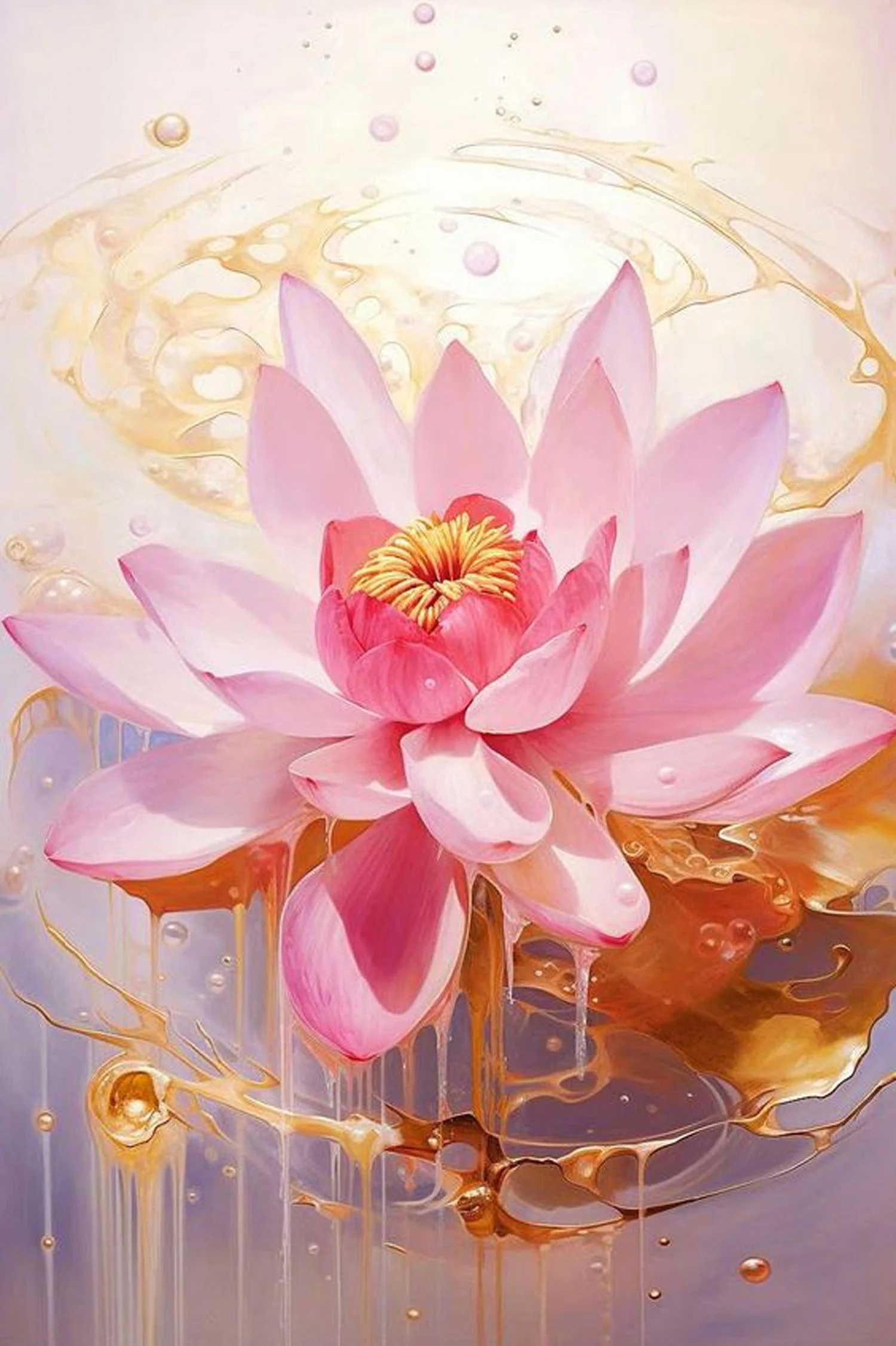 Bông hoa sen hồng nghệ thuật trên nền nước vàng óng ánh
