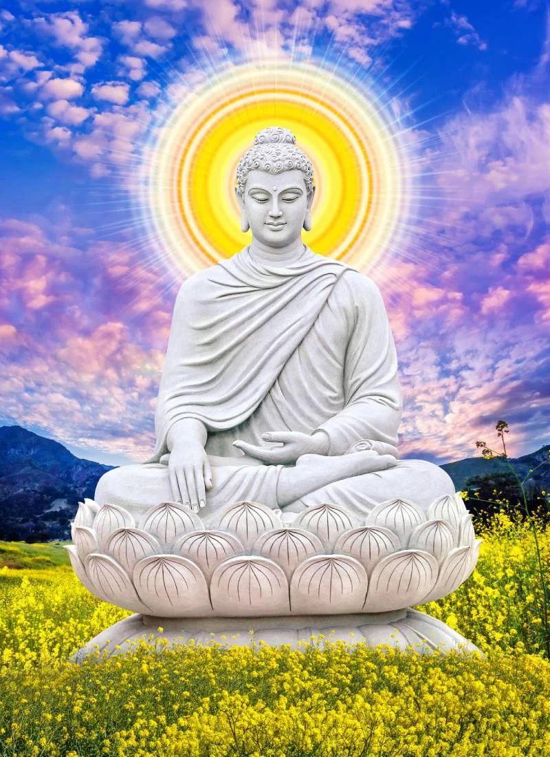 Tượng hình ảnh phật trắng tọa thiền trên đài sen hoàng hôn