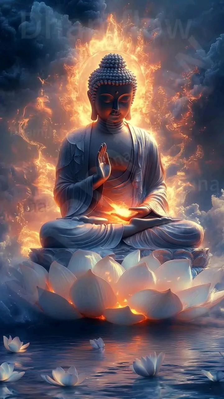 Hình ảnh phật ngồi thiền tỏa sáng giữa không gian vũ trụ huyền ảo