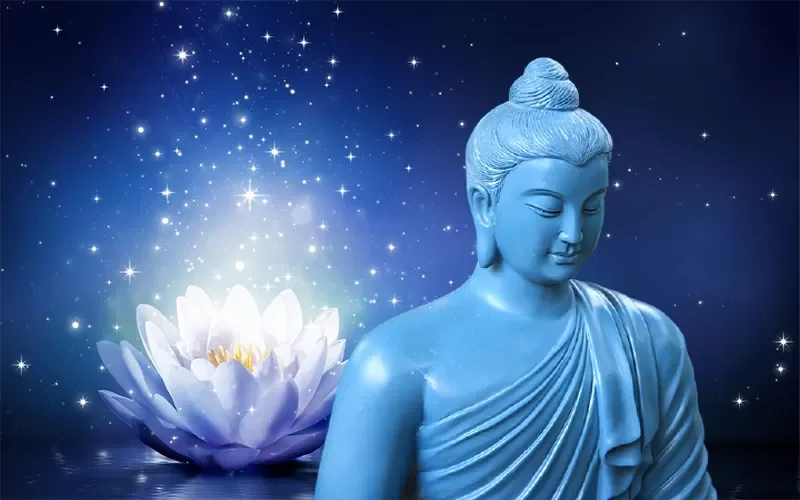 hinh anh phật màu xanh cạnh hoa sen và ánh sao