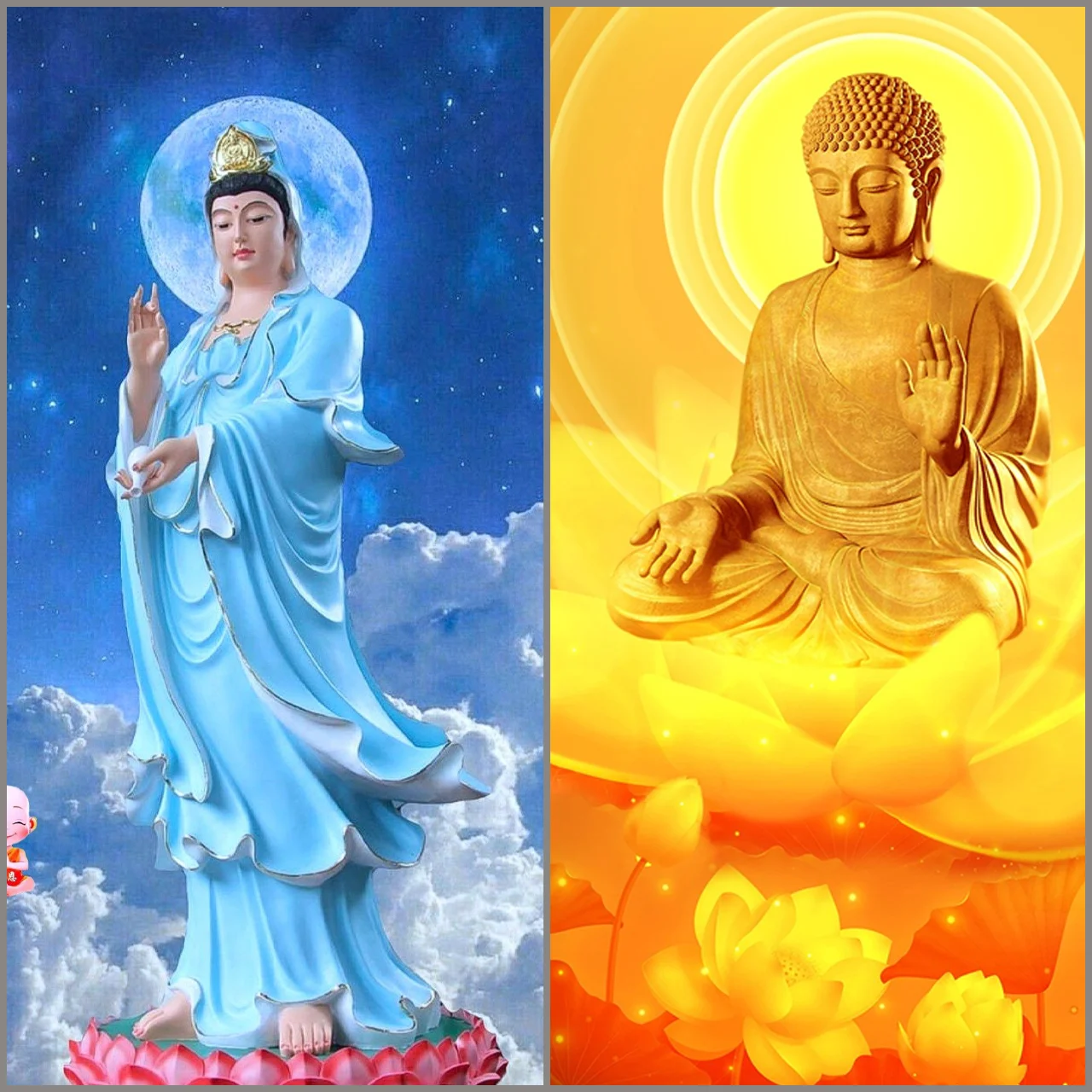 Hình ảnh phật và bồ tát hiền hòa trong không gian linh thiêng