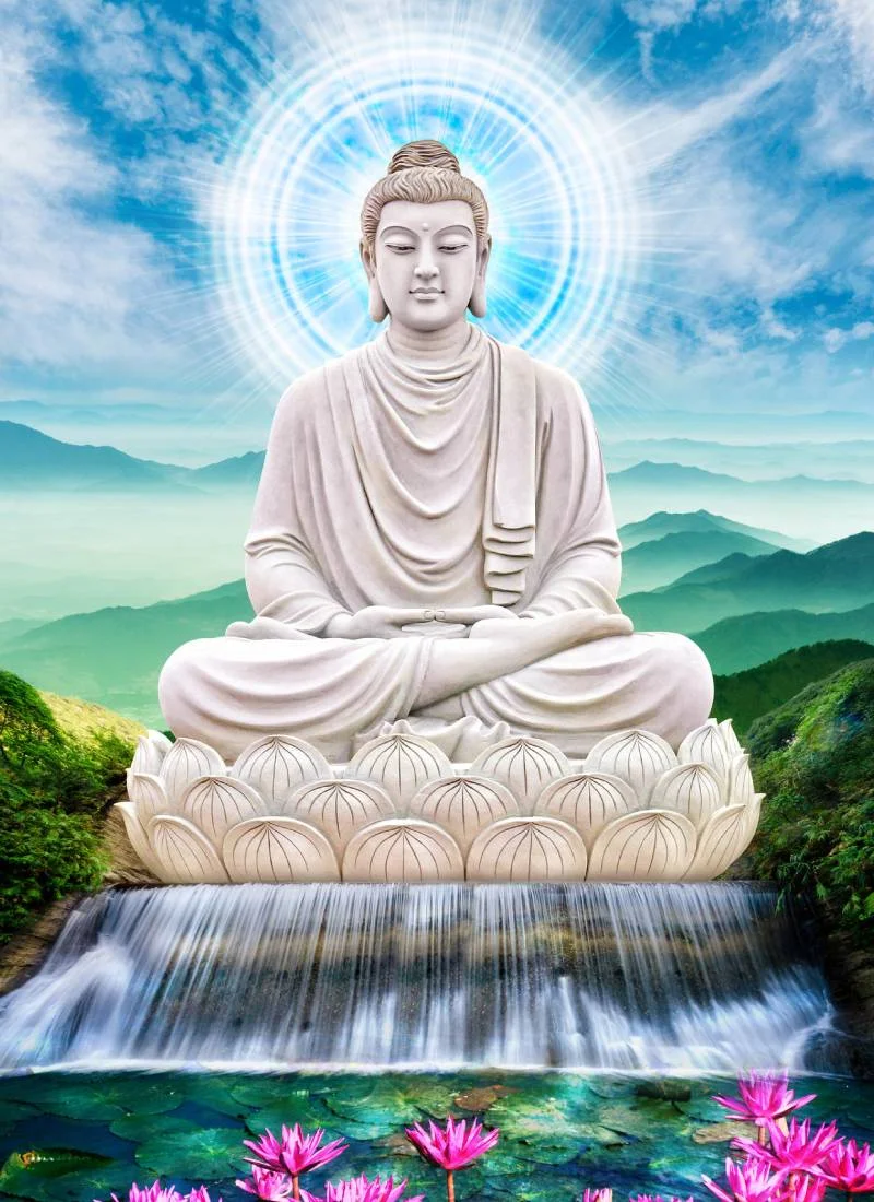 Tượng hình ảnh phật thiền định trước dòng thác nước